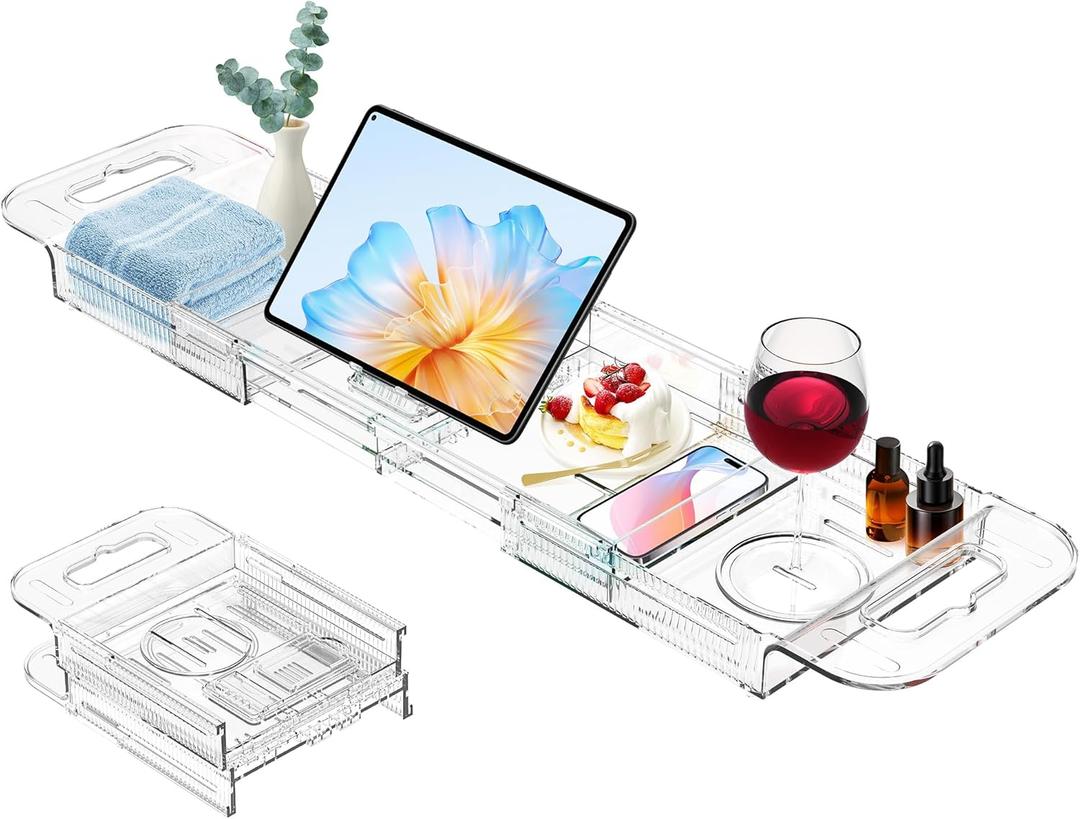 Expandable Drain Bath Caddy Tray for Tub, YOCOMEY Multifunctional Acrylic Bathtub Tray Bathroom Organizer, Simple Bathtub Table Trays Storage Rack for Candle Towel Book Wine Phone Shower(Clear)