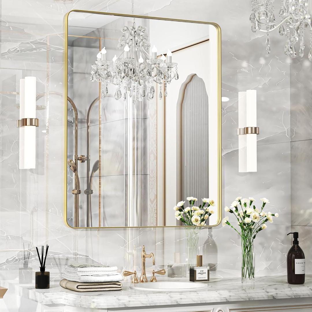 40" × 30" Gold Bathroom Mirror, Rectangular Bathroom Vanity Mirror for Wall with Rounded Corners & Aluminum Alloy Frame, Tempered-Glass, Modern, Farmhouse, Horizontal/Vertical, Entryway, Bedroom