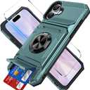 for iPhone 17 Wallet Case with Card Holder + 1 Screen Protector, (2 Cards) & 360Ring Kickstand Military Grade Drop Shockproof Rugged Case for iPhone 17 6.3" 2025 (Green)