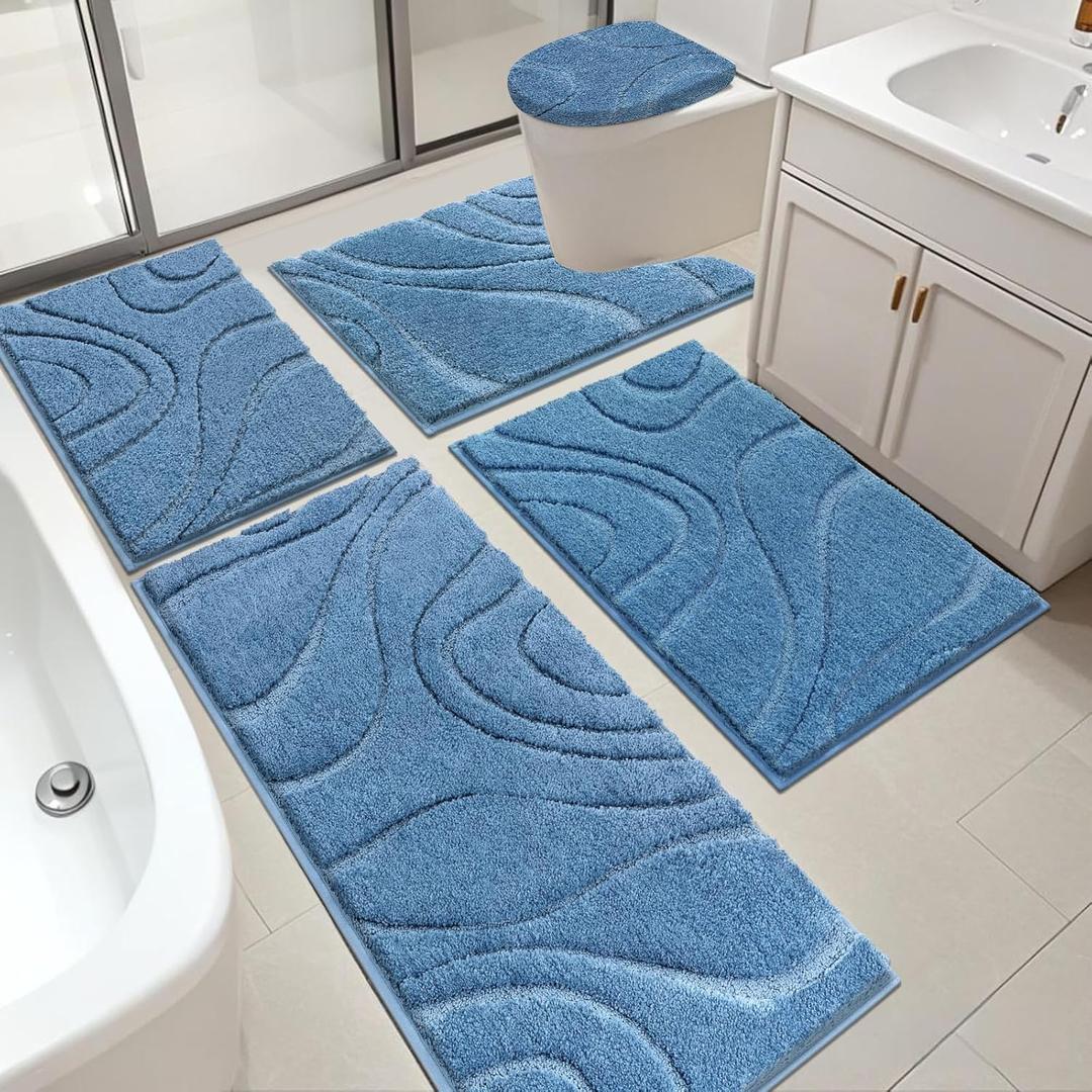 HEBE Bathroom Rugs Sets 5 Piece, Soft Absorbent Microfiber Bath Mat for Bathroom, Non Slip Washable Bath Rug Set with Toilet Cover, Bath Runner and U-Shaped Contour Toilet Rug, Blue (18"x26"+20"x32"+20"x48"+U20"x24"+Cover19"x21")