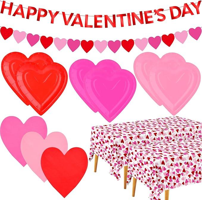 Valentine's Day Party Supplies Set for 48 Guests  Romantic HeartShaped Disposable Plates & Napkins with LoveThemed Plastic Tablecloth & Banner  Valentines Day Party Decorations