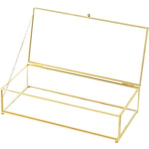 Glass Jewelry Box, Vintage Rectangle Gold Keepsake Box Organizer Box Vanity Lidded Box Home Decor Accent Decorative Box for Storage Trinket Rings Bracelet