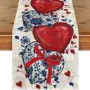 Artoid Mode Blue and White Porcelain Heart 210 GSM Valentine's Table Runner, Red Bow Kitchen Dining Table Decoration for Home Party Decor 13x48 Inch