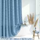 Dynamene Moonlight Blue Fabric Shower Curtain, Boho Tufted Geometric Striped Tassel Bathroom Shower Curtain, Shabby Chic Textured Farmhouse Waterproof Cloth Shower Curtain Set, Wrinkle Free, 72x72