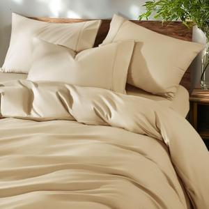 100% Cotton Queen Size Duvet Covers - 600 Thread Count, Luxury Sateen Weave Egyptian Cotton Comforter Cover with Zipper Closure & Corner TiesHotel Bedding Duvet Covers 3 Piece (Beige)