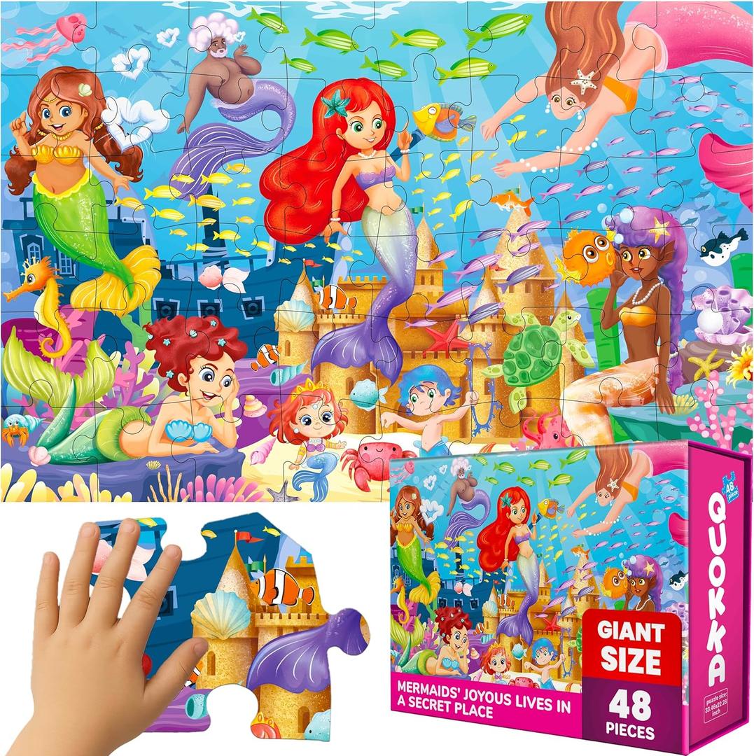 QUOKKA Giant Floor Puzzles for Kids Ages 4-6 - 2x3 Feet Extra-Thick 48 Pieces Toddler Puzzle Ages 3-5  Mermaid Educational Activity for Boys Girls  Premium Box with Sturdy Handle & Magnetic Closure
