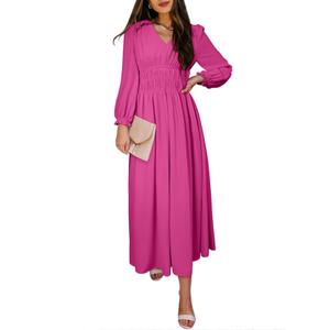 BLENCOT Women Casual Flounce Long Sleeve Dress Fall V Neck Bright Rosy XL