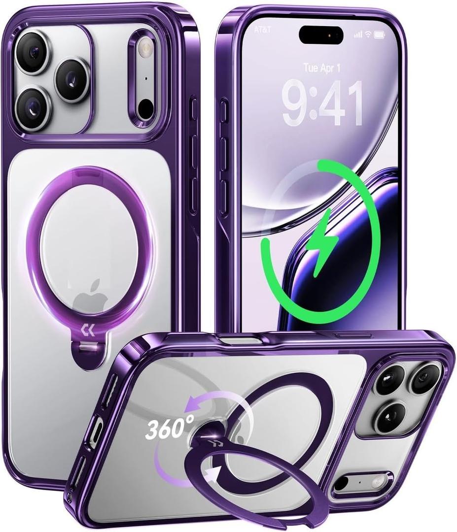 CASEKOO Purple Glossy for iPhone 17 Pro Max Case with 360 Spin Magnetic Stand [Fit for MagSafe][17FT Military Protection] Slim Polished Frame Titanium Alloy Sturdy Stand 6.9", Purple
