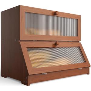 LOHASOK Bamboo Bread Box for Kitchen Countertop, Double Layer Large Bread Storage Container for Homemade Bread with Window & Lid, Bread Keeper Holder,Brown