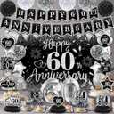 60th Wedding Anniversary Decorations Black Silver Happy 60th Anniversary Banner Backdrop Honeycomb Centerpiece Hanging Swirls Poms for Men Women 60 Years Diamond Wedding Anniversaries Party Supplies