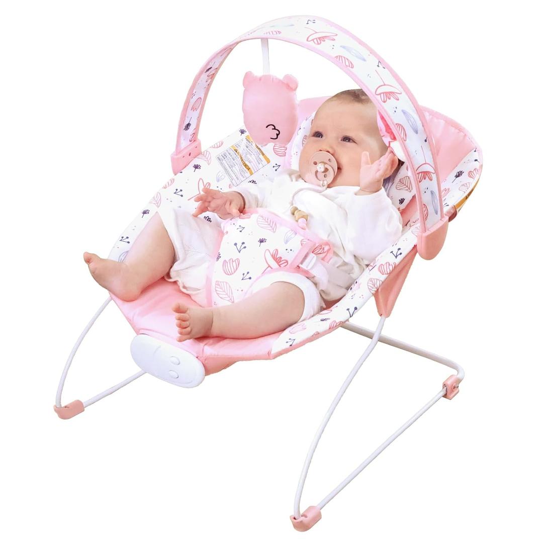 Portable Baby Bouncer Seat with 8 Melodies, 3 Vibration Levels & Adjustable Volume, Foldable Infant Bouncer Rocker with Safety Harness for Baby 0-6 Months, Indoor & Outdoor Use BR2402 (Pink)