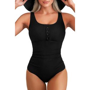 Daci Women Ribbed One Piece Swimsuits Tummy Control Full Coverage Bathing Suit Cute Button Up Ruched Modest Swimwear (XX-Large, Black)
