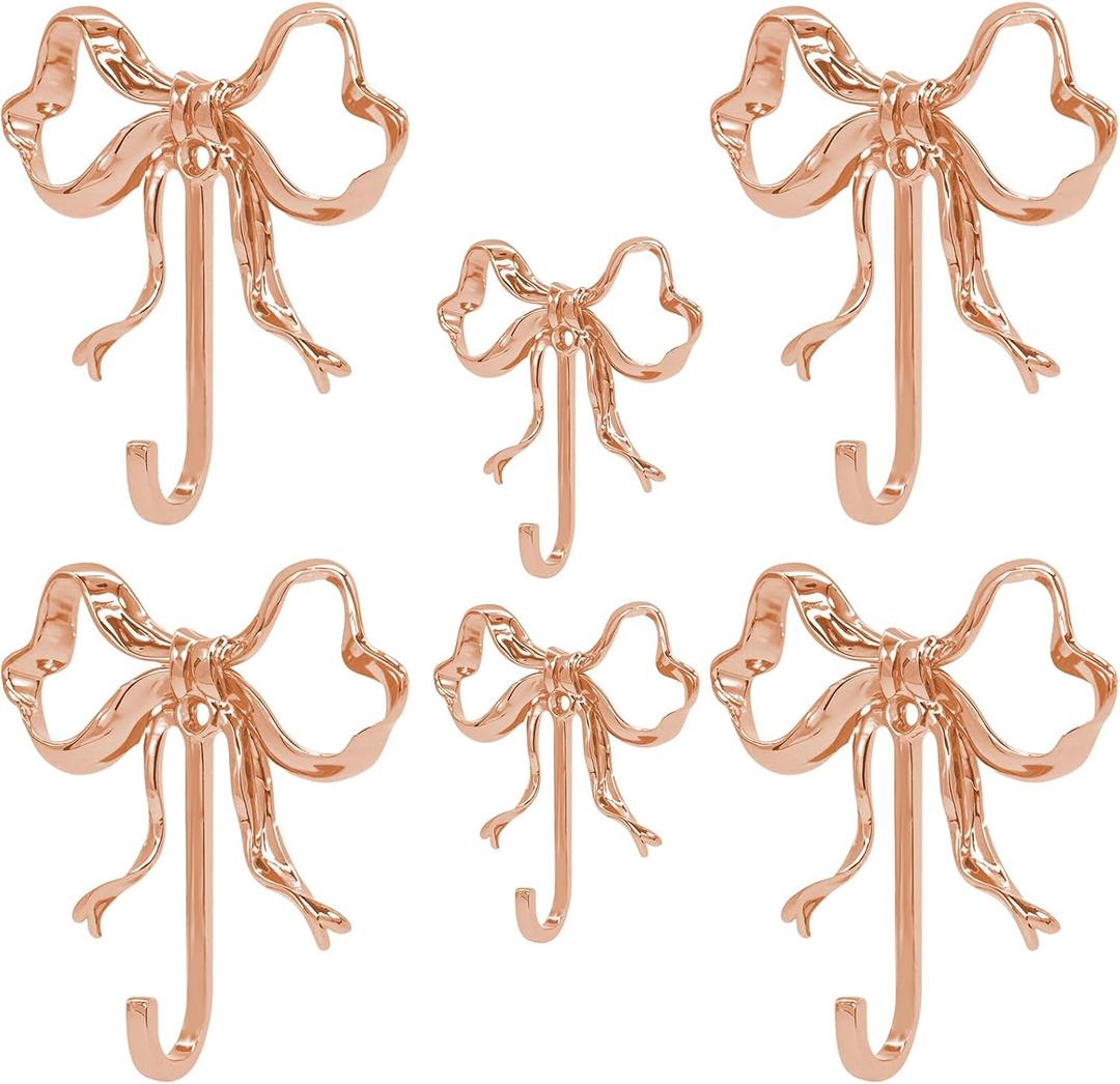 6 PCS Bow Hooks,Rose Gold Bow Hook,Metal Wall Hooks for Hanging,Coats,Hats,Bags,Bath Towels and Room Decorations4 Big&2 Small,Borehole