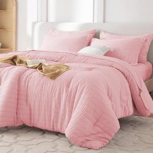 MUXHOMO 7 Pieces Full Comforter Set, Seersucker Bed in a Bag Full Size, All Season Luxury Bedding Set with Comforter, Flat Sheet, Fitted Sheet, Pillowcases & Shams, Pink (Full (82"x86"))