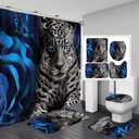 jieprom 4PCS Blue Rose and Leopard Shower Curtain Bathroom Set with Rugs, Toilet Lid Cover and Bath Mat, Blue Shower Curtain with 12 Hooks, Durable Bathroom Decor Set