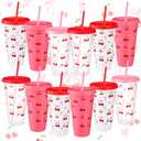 Skylety 12 Pcs Pink Bow Cherry Plastic Tumbler with Lids and Straws 24 oz Reusable Coquette Bow Plastic Tumbler Ice Drinking Cold Cup for Birthday Bridal Shower Wedding Party Supplies (Multicolor)