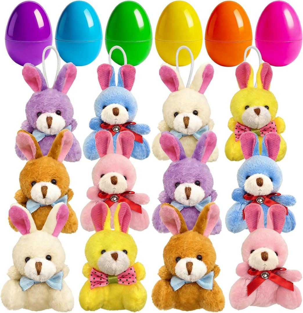Abakuku 12 Pcs Prefilled Easter Eggs Plush Toy, 2.35in Bright Colorful Eggs Prefilled with Variety Plush Bunnies Easter Basket Stuffers Party Favors Gift Bags