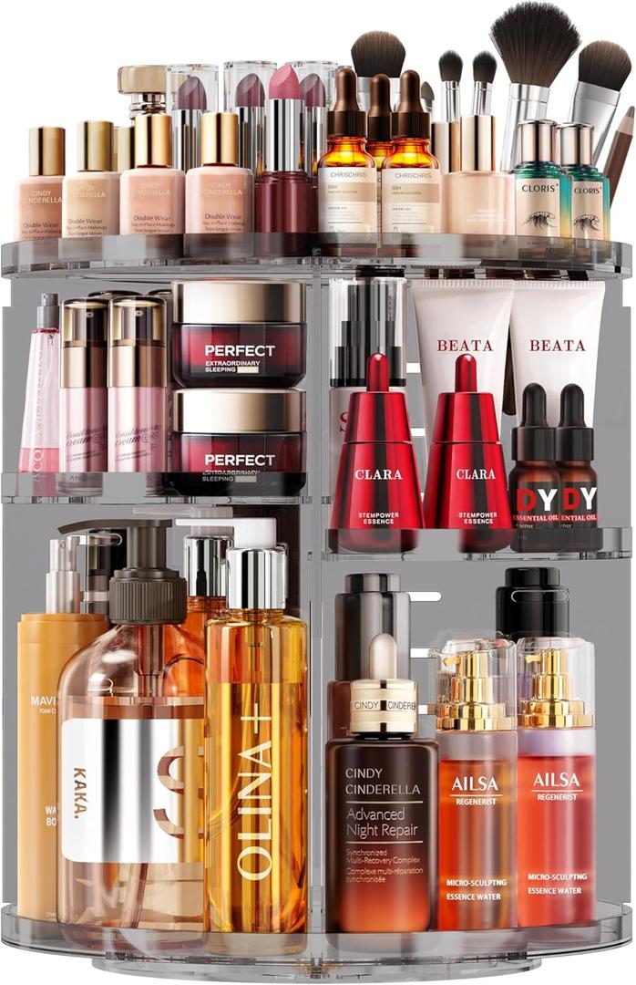 Rotating Makeup Organizer, DIY 9 Adjustable Layers Spinning Skincare Organizer, Bathroom Organizer with Brush Holder Perfume Tray, Multi-Function Storage Carousel for Vanity Bathroom Countertop