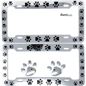 Animal Black Paws Print Design License Plate Frame, Pet Dog Cat, Set of 2 with 2pcs 3D Chrome Dog Paw Footprint Sticker Decal