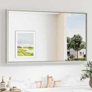 Keonjinn 40 x 24 Inch Brushed Nickel Bathroom Mirrors for Over Sink, Beveled Rectangle Framed Mirrors for Wall, Farmhouse Bathroom Vanity Mirror, Tempered Glass, Square Corner