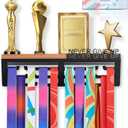 Medal Hanger Display & Trophy Shelf Combo | Unique 5.3" Deep for Large Trophies, 2X Thicker Metal | Never Give Up Soccer Wall Decor & Marathon Medal Showcase