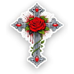 5 x Cross with A Red Rose Sticker 5 inch, Rose Decals for Cars, Waterproof Vinyl Decals for Trucks, Cars, Laptops, Tumblers or Any Smooth Surface