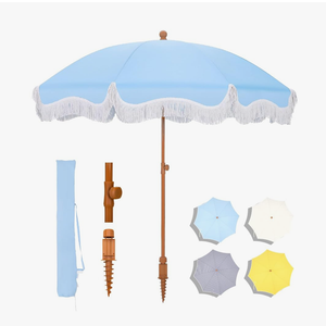 MFSTUDIO 7ft Patio Beach Umbrella with Fringe, Tassel Umbrellas with Sand Anchor & Tilt Button, Holiday Outdoor Umbrella with Carry Bag