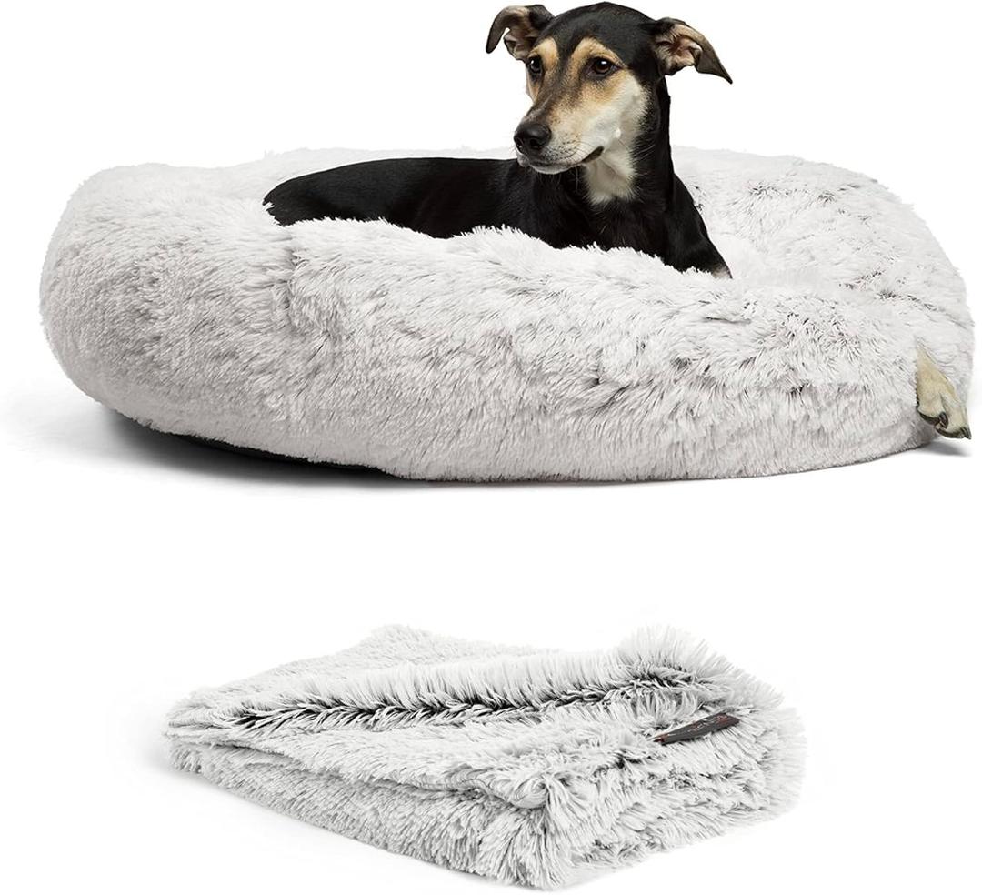 Best Friends by Sheri Bundle Set The Original Calming Shag Donut Cuddler Cat and Dog Bed + Pet Throw Blanket, Frost, Large, 36x36 (36.0"L x 36.0"W x 9.0"Th, Frost Shag)