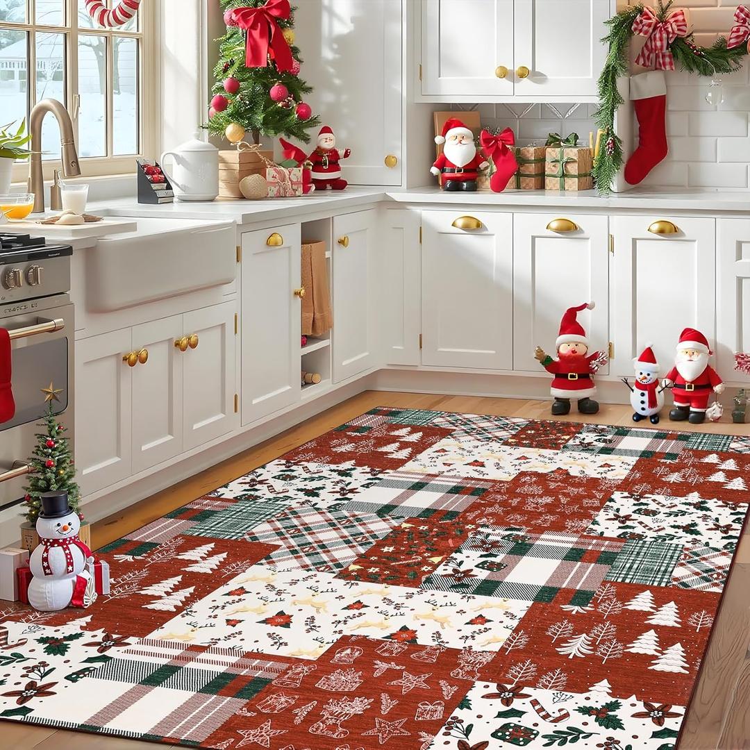 Washable Rugs 5x7 Christmas Area Rug for Bedroom Living Room Non Slip Xmas Dining Room Throw Carpet Washable Kitchen Large Rugs Holiday Dcor Soft Patchwork Christmas Rug for Nursery Home Office, Red