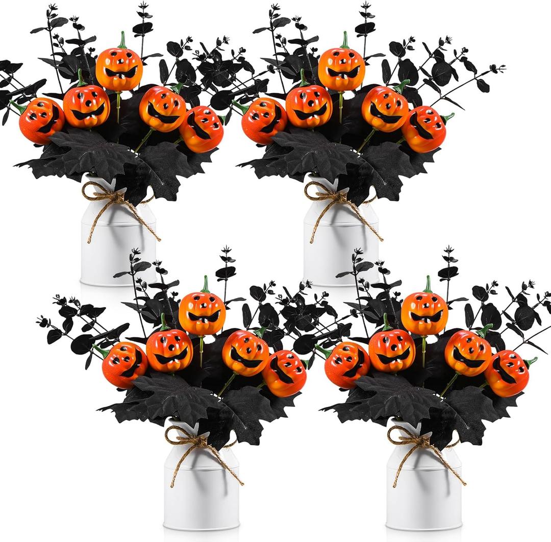 4 Sets Halloween Table Centerpiece Decorations Artificial Black Pumpkins Eucalyptus with Metal Vase Faux Pumpkins Plants in Pots for Halloween Trick or Treat Party Home Dining Table Decor
