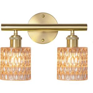 Bathroom Vanity Light, Gold Wall Fixture Over Mirror, Amber Glass Shade Lighting with Bulbs Included for Bedroom & Living Room, 2-Lights