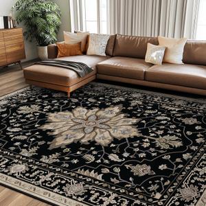 RELEANY Area Rugs 8'x10' Washable Non-Slip, Floral Vintage Distress Print Pattern Medallion Carpet for Living Room Bedroom Dining Room, Black Brown Neutral Dark Tan