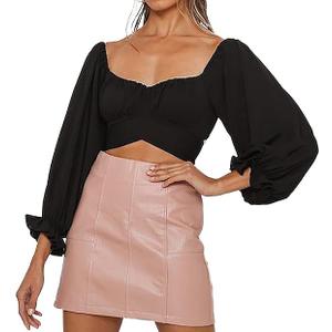 Women's Puff Long Sleeve Strapless Crop Top Off Shoulder Tie Up Back Ruffle Square Neck Chiffon Shirt, Size S