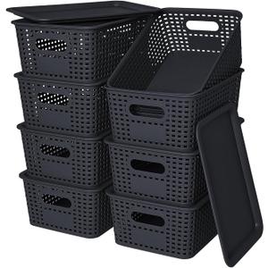 Plastic Storage Baskets with Lid-Plastic Storage Containers Stackable Storage bins: Storage Baskets for Organizing Shelves Drawers Desktop Closet Playroom Classroom Office, 8Pack-Black10.2x7.2x4.1Inch 