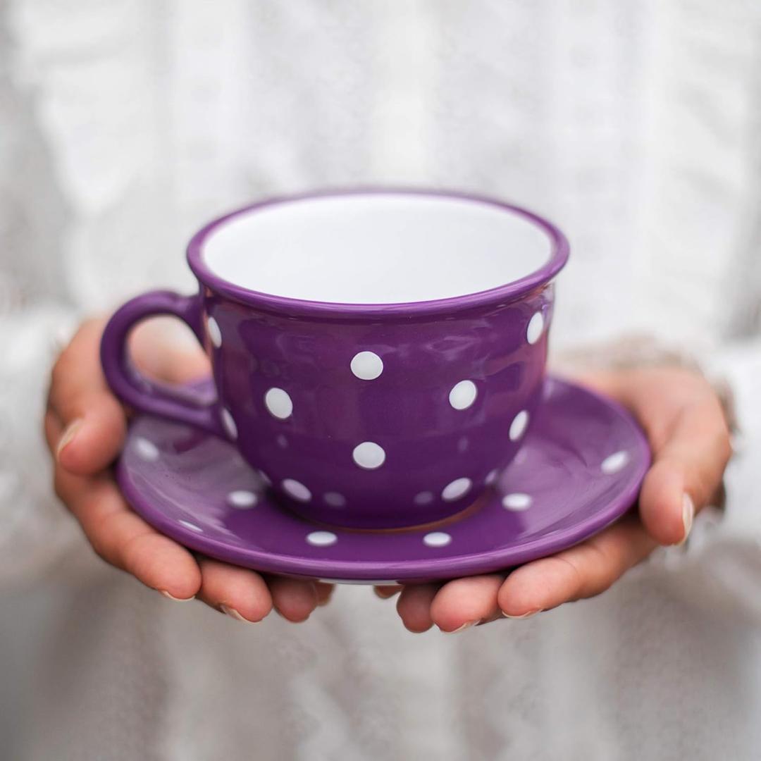 City to Cottage Handmade Purple and White Polka Dot Large Ceramic 12oz/350ml Cappuccino Coffee Tea Cup and Saucer, Unique Designer Pottery for Tea Lovers