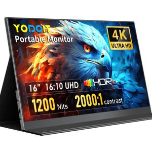 Yodoit 4K Portable Monitor, 16" 38402400 UHD IPS Travel Screen 1200nit Sunlight-Readable with 145% sRGB, 2000:1 Contrast for Photo Editing Outdoor Work Compatible with Laptop PC Mac PS5 Black