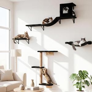 Wall Mounted Cat Furniture Set of 4 4 in 1 Cat Wall Shelves with Hammock, Bridge, Climbing Tree & Perch Shelves for Large Cats, Holds Up to 30 lbs, Indoor Playground