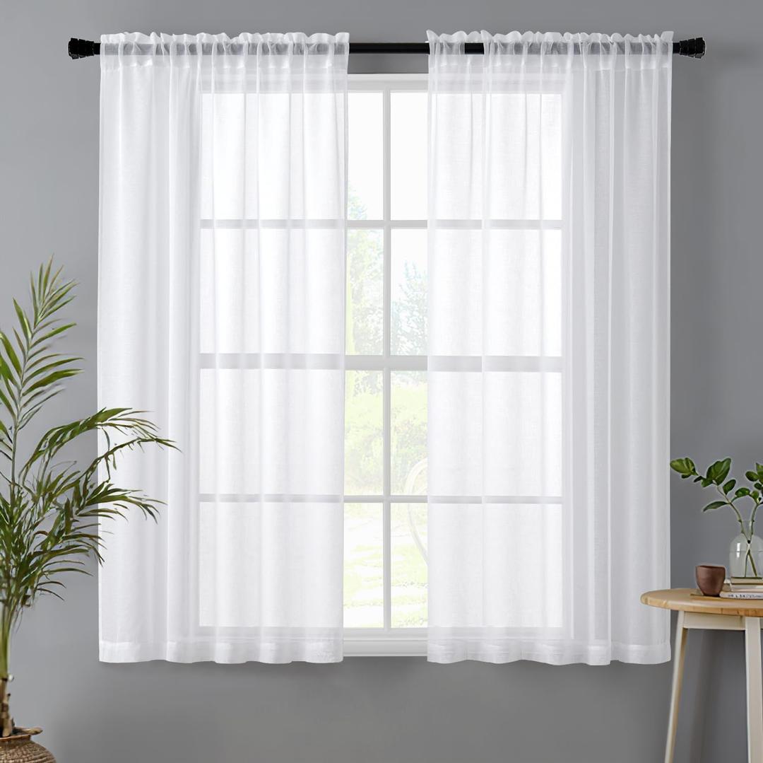 MIULEE White Linen Textured Sheer Curtains 63 Inches Long 2 Panels for Bedroom Living Room, Semi Transparent Farmhouse Window Net Panels with Rod Pocket, W 42 x L 63 inch Length