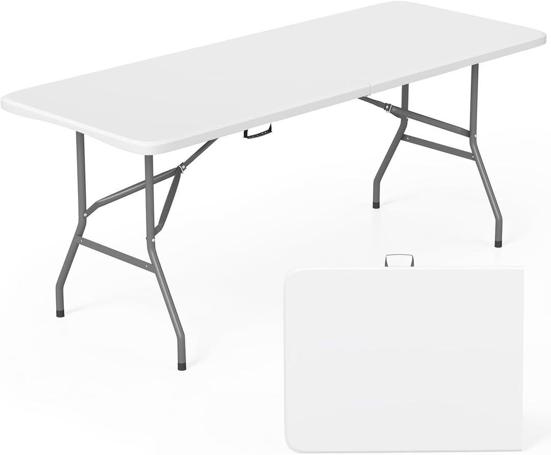 FDW 6 Foot Folding Table, Portable Plastic Table with Carrying Handle Perfect for Indoor, Outdoor, Party, Dining, Wedding, Events, Camping, White, 6 FT 70"x28"
