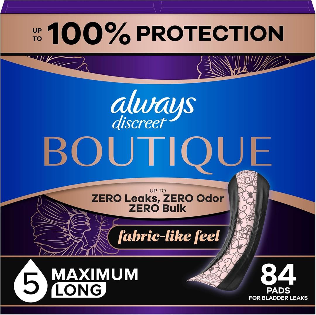 Always Discreet Boutique Adult Incontinence & Postpartum Pads For Women, Size 5, Heavy Long Abondant longues, 28 Count x 3 Packs (84 Count total) 