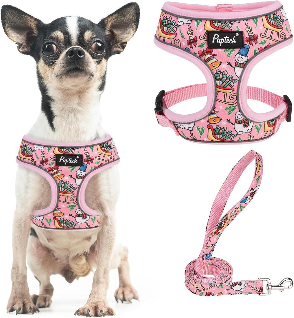 PUPTECK Soft Mesh Christmas Dog Harness and Leash Set Pet Puppy Cat Comfort Padded Vest No Pull Harnesses, Bright Pink, S (S (NECK: 12", CHEST: 14"-18"))