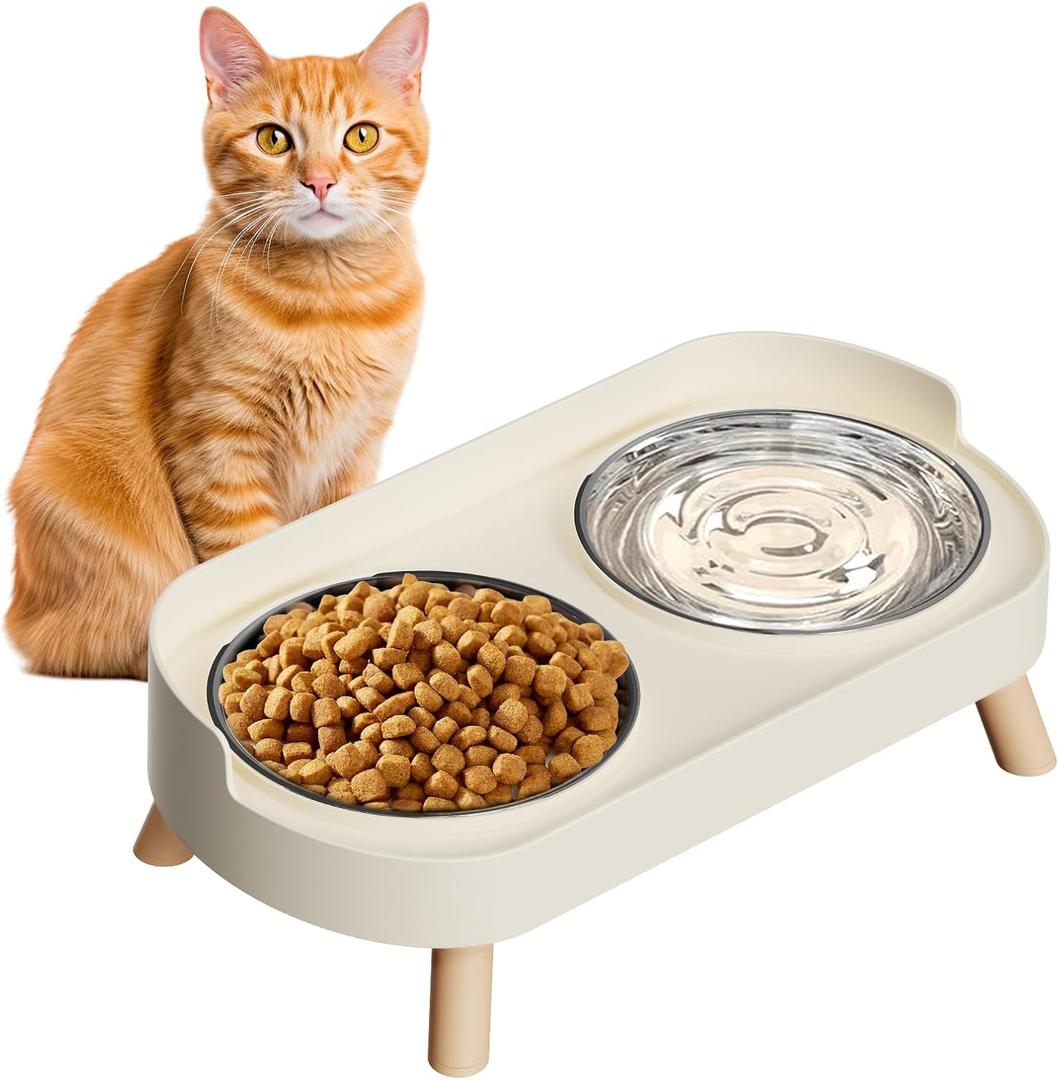 Elevated Cat Bowl, Raised Cat Food and Water Bowl Set for Indoor Cats, Splash Proof with 2 Stainless Steel Pet Food Bowls for Cats and Puppies, Whisker Fatigue and Dishwasher Safe - White