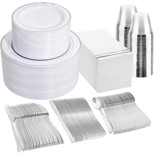 GATHER 700PCS Silver Plastic Plates - Silver Plate Set 100Guest - Disposable Dinnerware Sets 100Silver Rim Dinner Plates 100Silver Dessert Plate 100Paper Napkins&Cups&silver Plastic Silverware Set