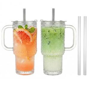 WACOI Thick Hobnail Glass Cup with Lids and Straws, Upgraded Version Iced Coffee Tumbler Cups with Stainless Steel Straws and Leak-proof Sealing Lid 2 Pack 18 oz