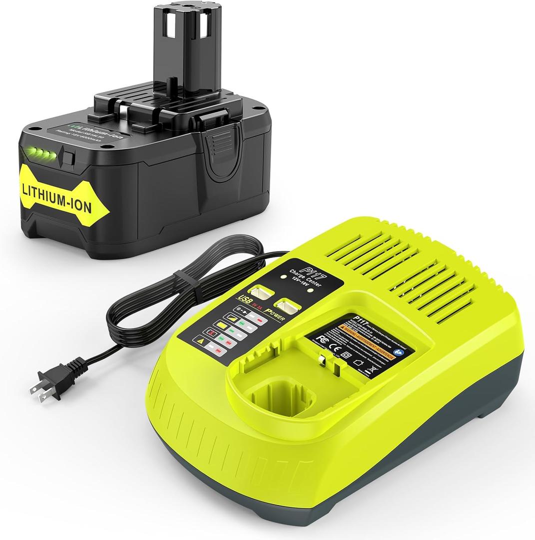 Upgraded P117 21V 3A USB Rapid Charger + 6.0Ah 18V RB18L50 Lithium Battery Combo for RYOBI P108 P102 P104 High Capacity Cordless Tool Batteries