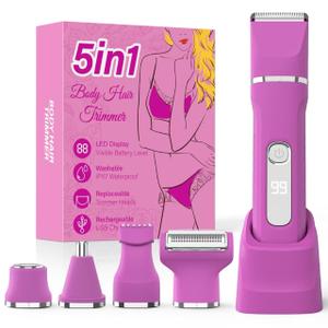 Bikini Trimmer for Women,5-in-1 Electric Razors for Women,Electric Shaver for Women's,IPX7 Waterproof Trimmer for Men Legs,with 5 Replaceable Blade Heads,USB Recharge Dock Rose Pink
