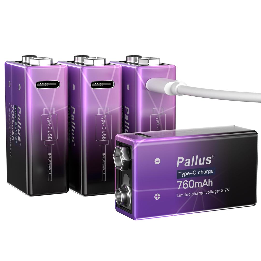 2 x Pallus 9V Rechargeable Battery Pack, 4-Pack 760mAh Li-ion USB 9 Volt Battery for Smoke Alarms, Wireless Microphones, Smoke Detectors, Toys, Flashlights, Guitar
