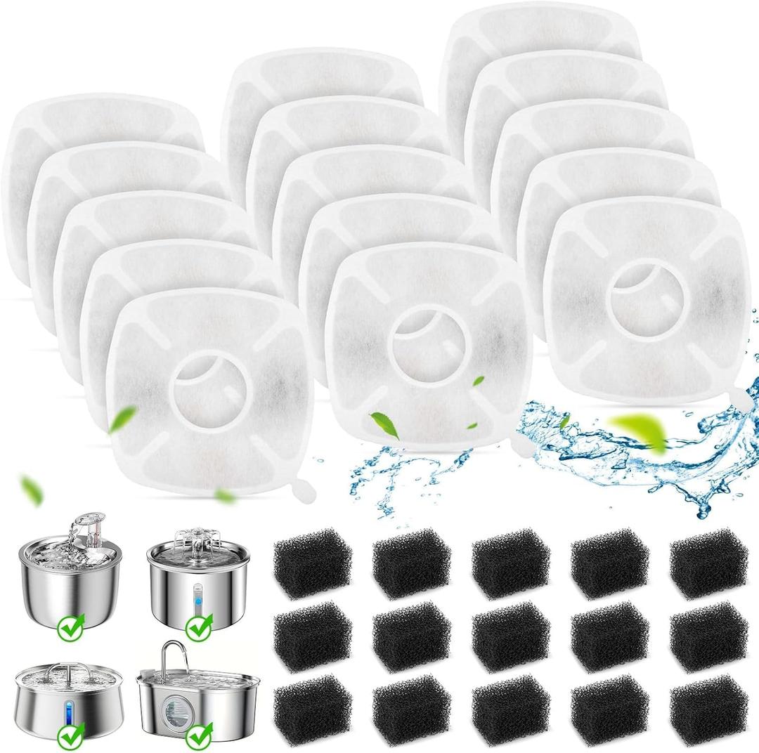 15+15 Pack Cat Water Fountain Filters, Pet Water Fountain Filters Replacement for Dog/Cat Stainless Steel Fountain PLWF005/PLWF115/PLWF105, 7 Months Set to Keep Drinking Fresh