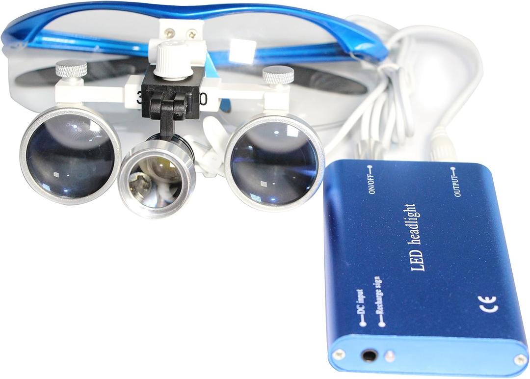 Dental Binocular Loupes 3.5X 420mm + LED Head Light Lamp +Aluminum Box (Blue)