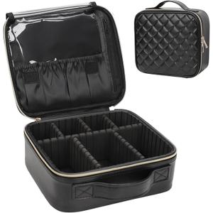 Relavel Makeup Bag, Travel Cosmetic Train Case Organizer Portable Artist Storage Bag with Adjustable Dividers for Cosmetics Makeup Brushes Toiletry Jewelry Digital Accessories Quilted Leather Black